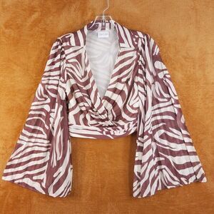 SAYLOR Womens Top XS Brown Zebra Blouse Crop Wide Sleeve Side Zip
